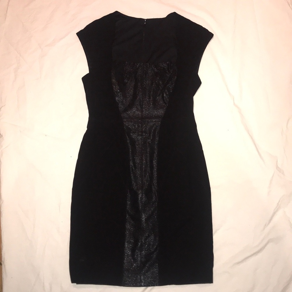Stretch crepe and shine panels dress square neck